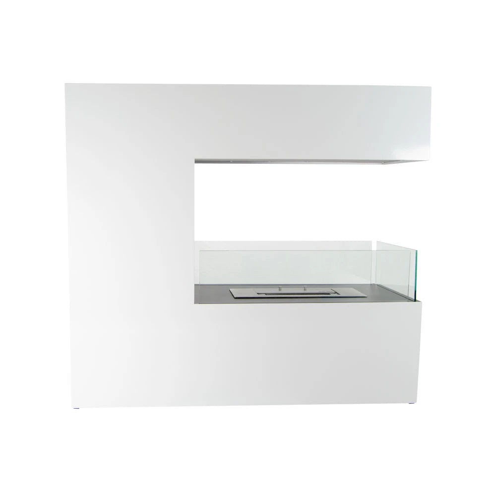 Topeka White bio fireplace, front-view studio shot on white background, unlit