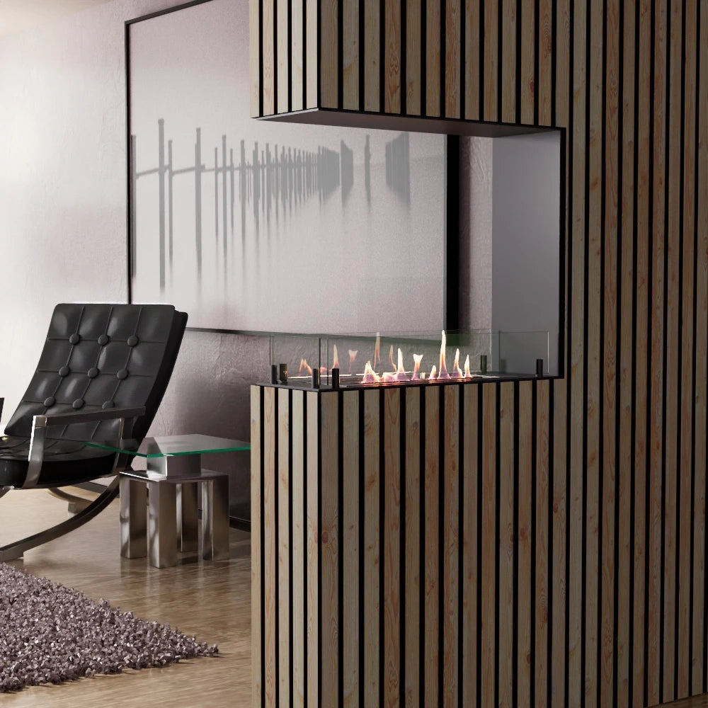Foco Room Divider 600 Slim bioethanol fireplace installed in a room-dividing wall with a lit flame, lifestyle photo