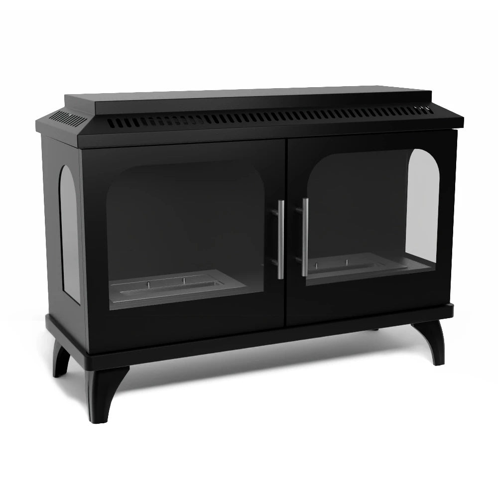 Atlanta Double bioethanol stove studio shot showing the double arched-glass doors and twin burner trays, unlit