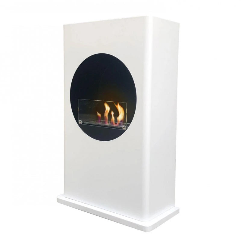 White freestanding bioethanol fireplace with round cutout, lit flame, angled view