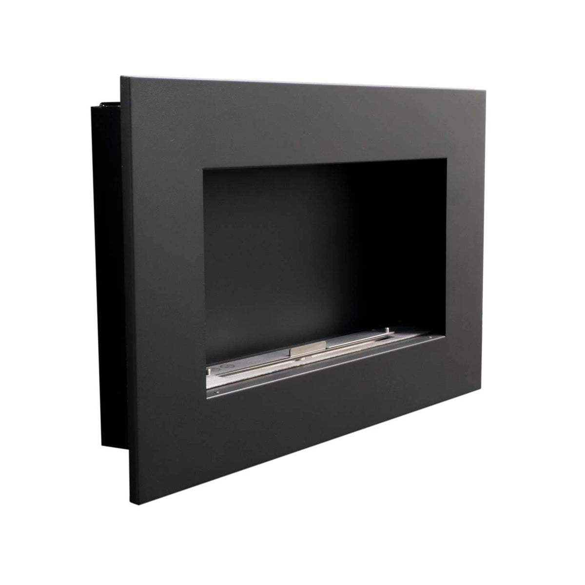 Murus 800 black bio fireplace, angled view showing the slim 16.5 cm depth, unlit