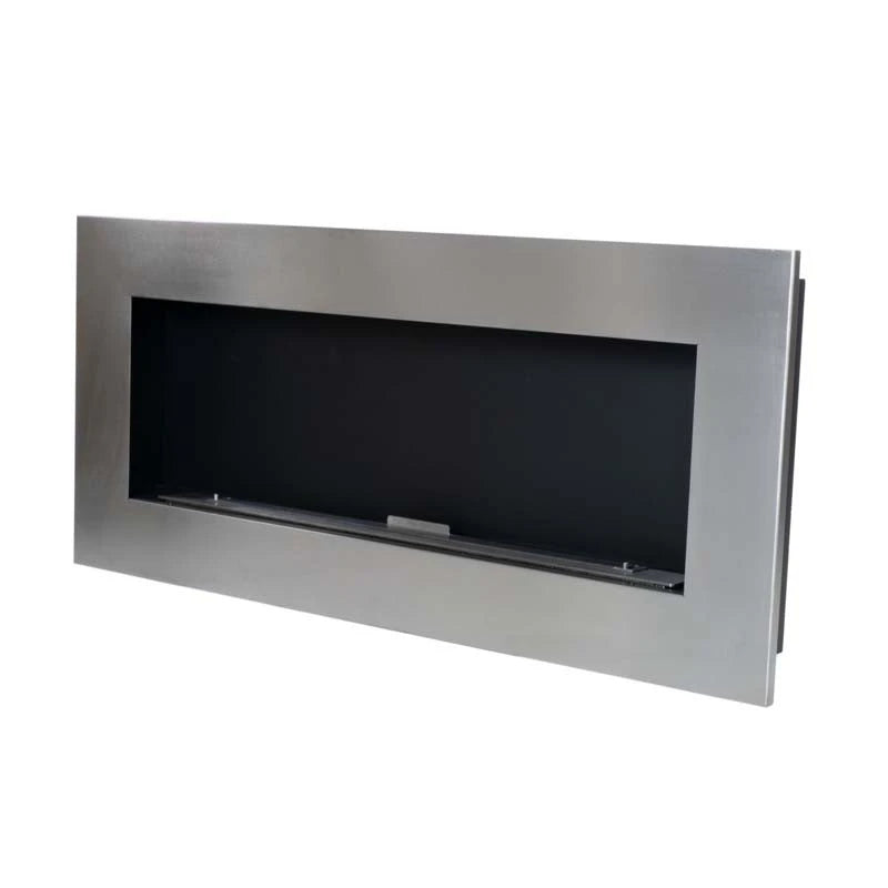 Murus 1200 brushed steel bio fireplace, opposite angled view showing the slim 16.5 cm depth, unlit