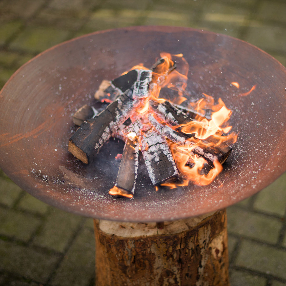 Corten Steel Firepit on a Wooden Base