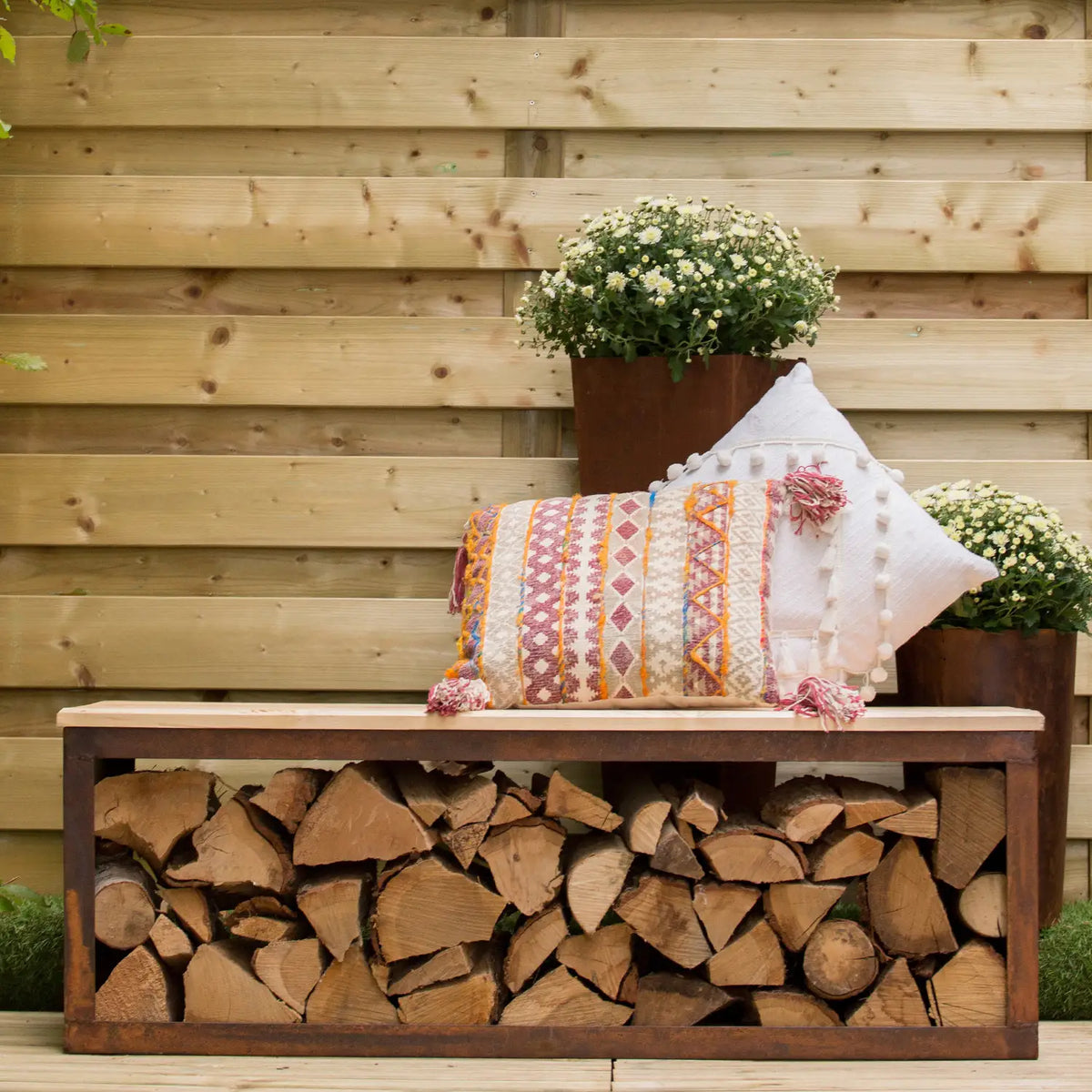 Wood Storage Bench in Corten Steel