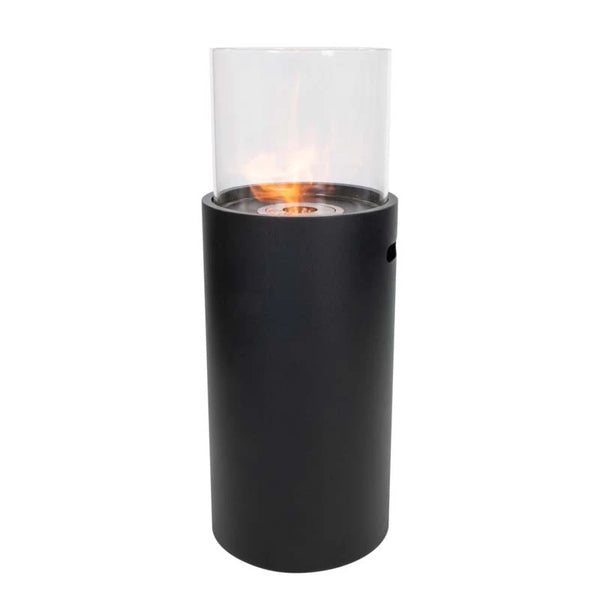 ScandiFlames outdoor black bioethanol fireplace, lit, white studio shot