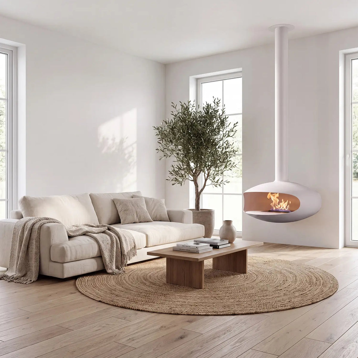 THE ICONIC in White - Ceiling-mounted Bioethanol Fireplace