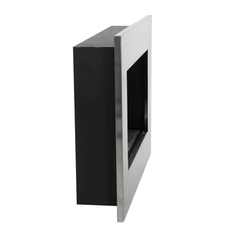 Murus 800 brushed steel bio fireplace, angled view showing the slim 16.5 cm depth, unlit