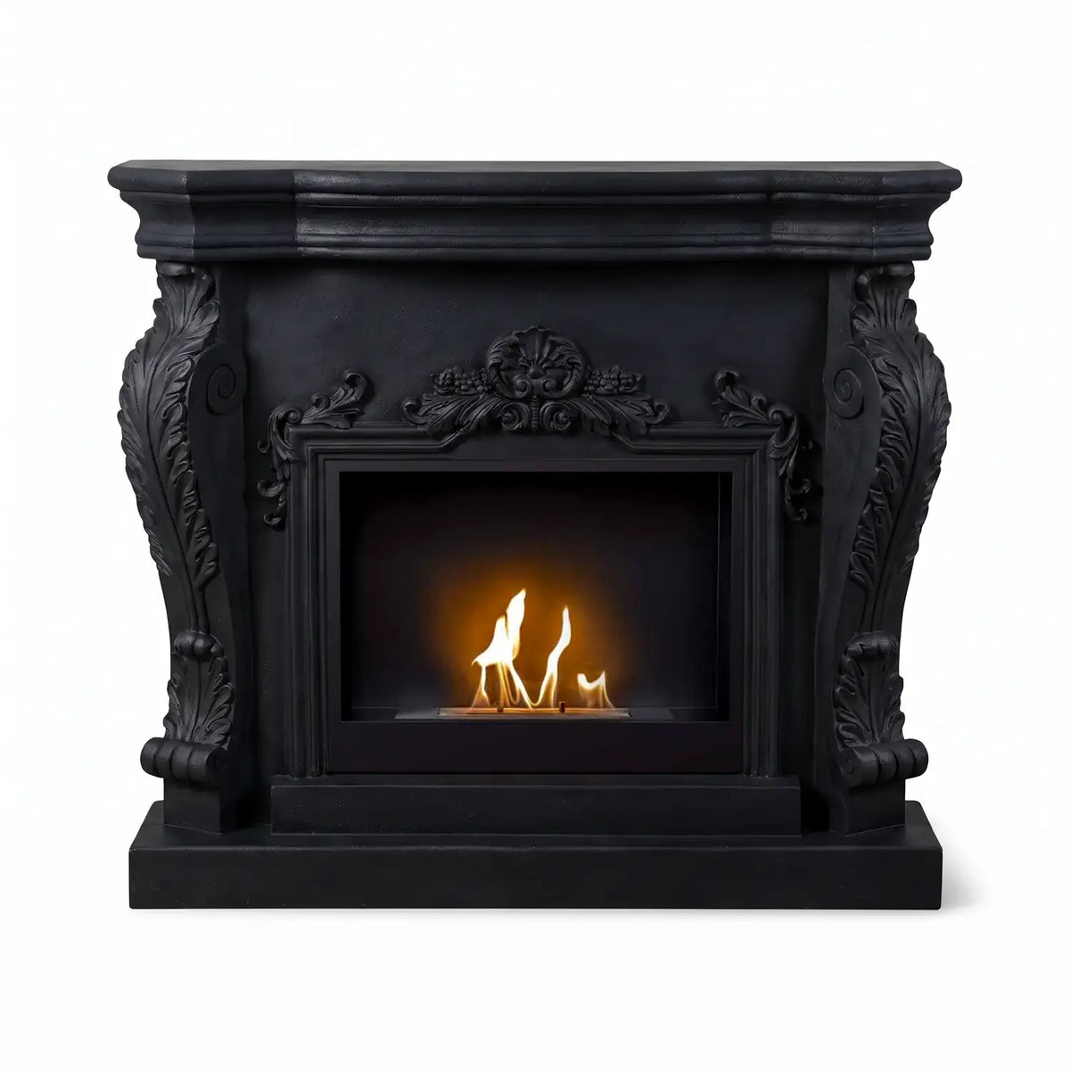 Ymir freestanding bioethanol fireplace with black polystone surround, lit flame, white background studio shot