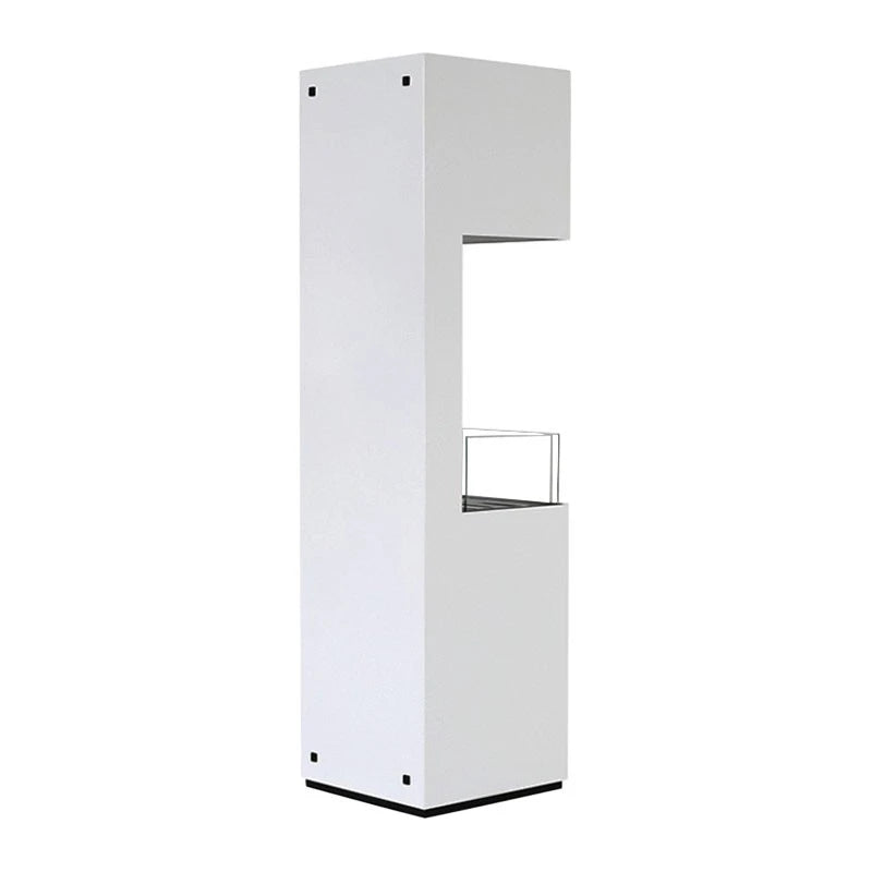 Open 3-sided white bioethanol fireplace, unlit, white-background studio angle view
