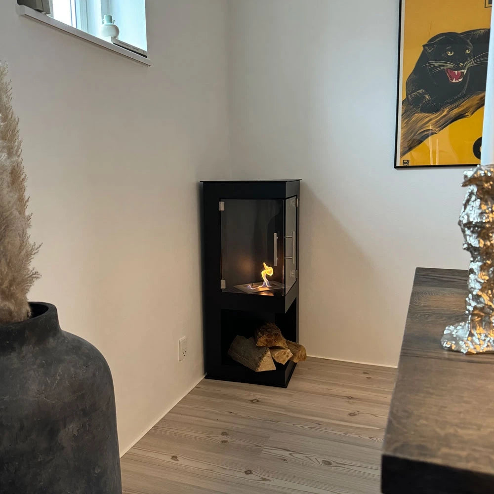 Alaska corner bioethanol stove, lit flame, eclectic living room corner