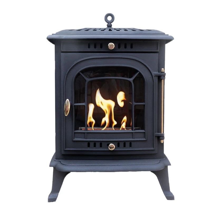 ScandiFlames Altar cast iron bioethanol stove, front view, black finish, lit real flame behind paned glass door