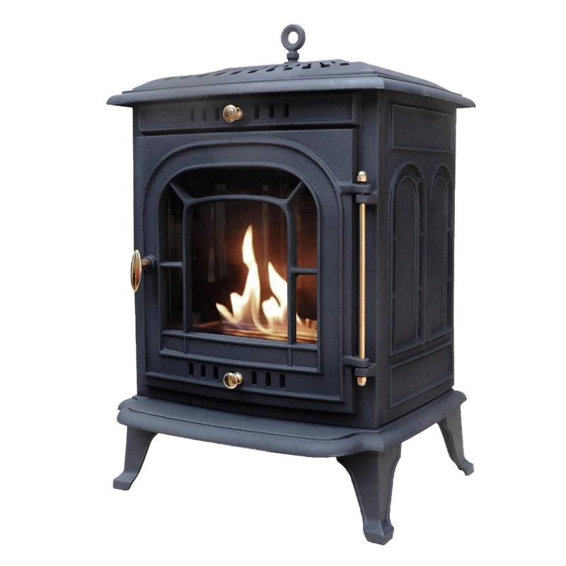 ScandiFlames Altar cast iron bioethanol stove, angled view, black finish, lit real flame behind paned glass door