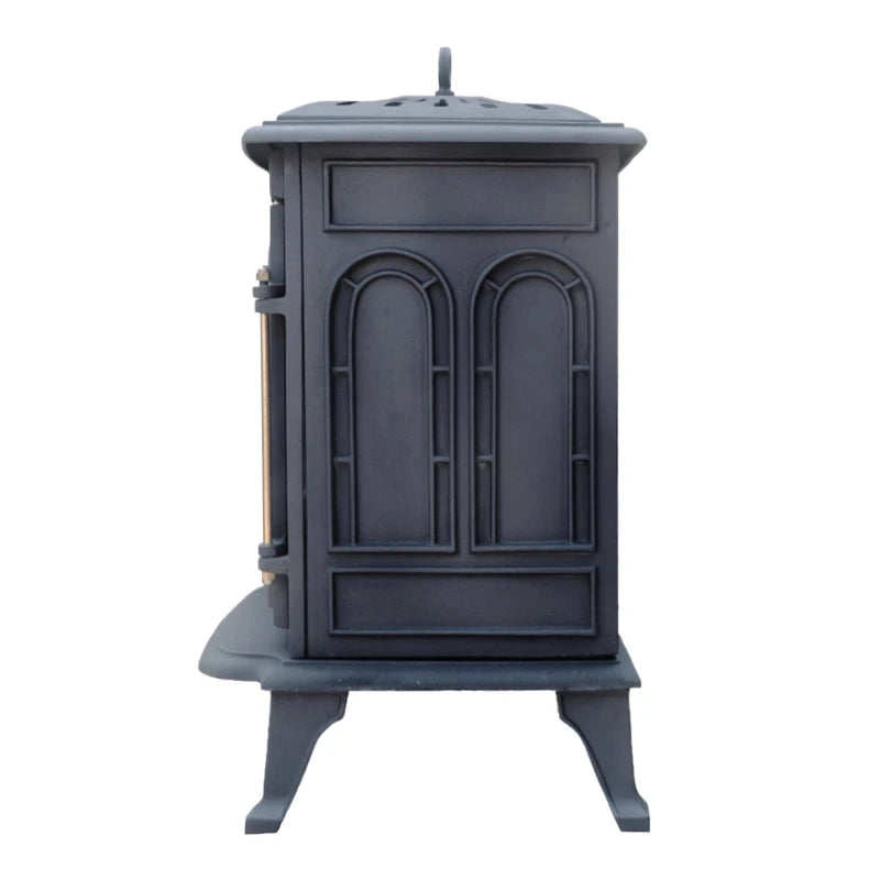 ScandiFlames Altar cast iron bioethanol stove, close-up of the decorative arched side panel detail