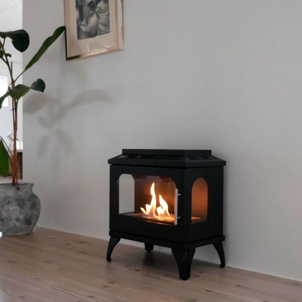 Atlanta Single bioethanol stove lit in a living room with a potted plant and framed artwork