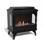 ScandiFlames Atlanta Single bioethanol stove with lit flame, angled studio view