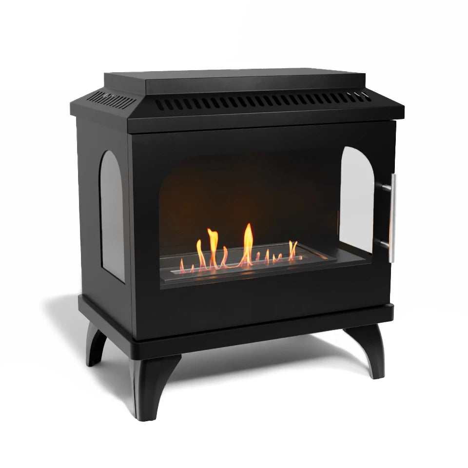 ScandiFlames Atlanta Single bioethanol stove with lit flame, angled studio view
