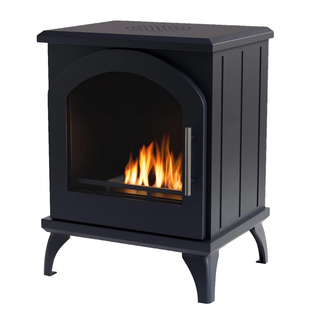 ScandiFlames Austin black bioethanol stove with lit flame, angled studio view