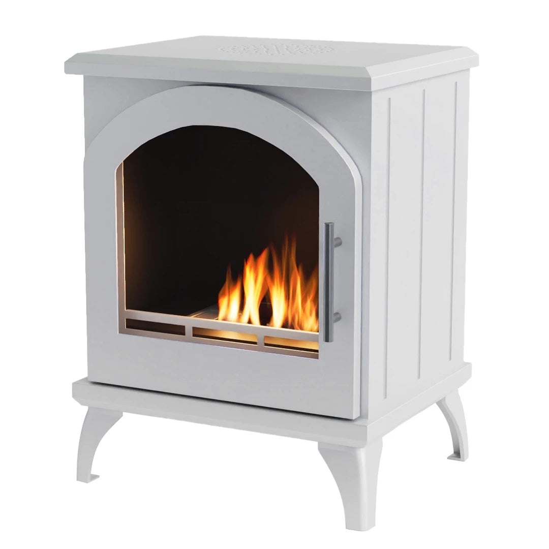 ScandiFlames Austin white bioethanol stove with lit flame, angled studio view