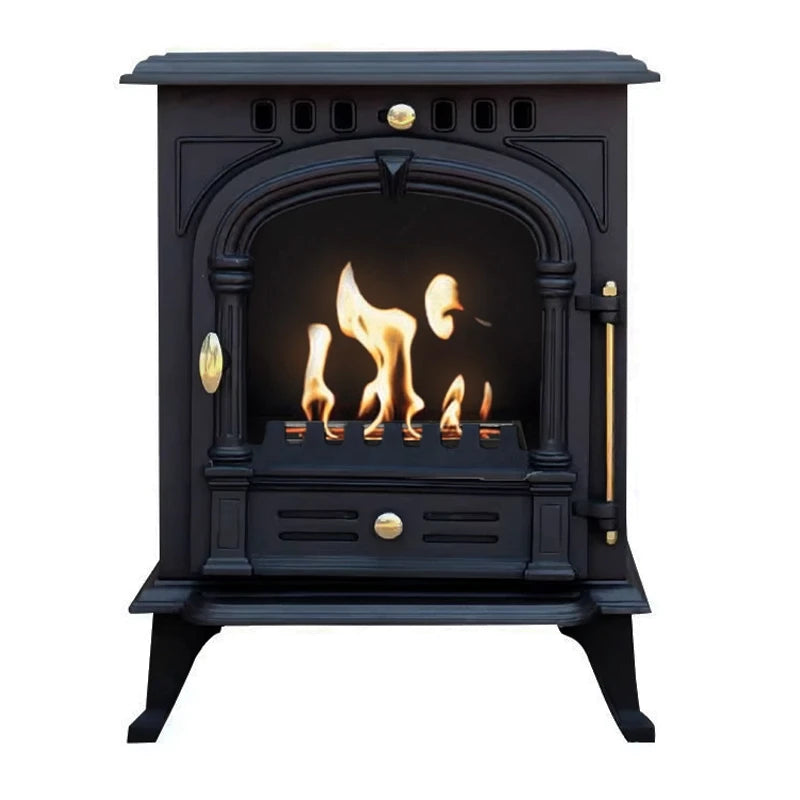 ScandiFlames Bergen cast iron bioethanol stove, front view, black finish, lit real flame behind arched glass door