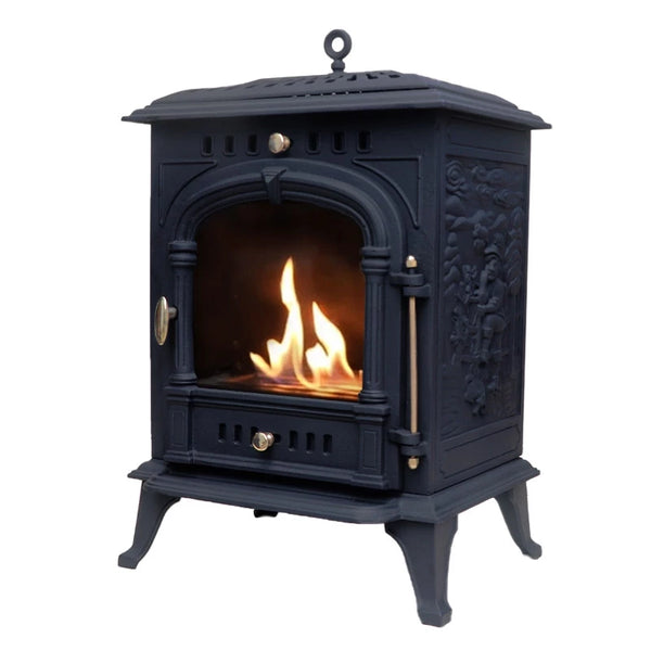 ScandiFlames Bergen cast iron bioethanol stove, angled view, black finish, lit real flame behind arched glass door