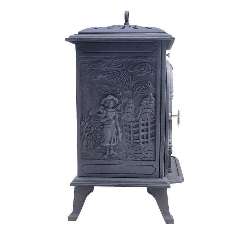 ScandiFlames Bergen cast iron bioethanol stove, close-up of the decorative cast iron relief on the left side panel