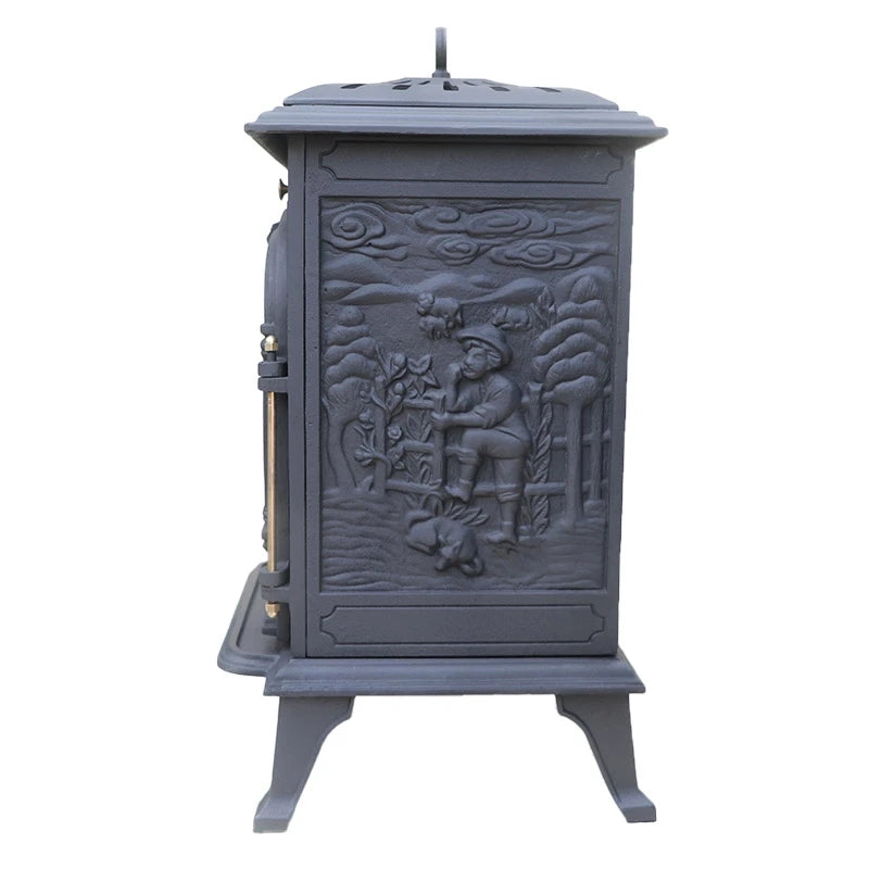ScandiFlames Bergen cast iron bioethanol stove, close-up of the decorative cast iron relief on the right side panel