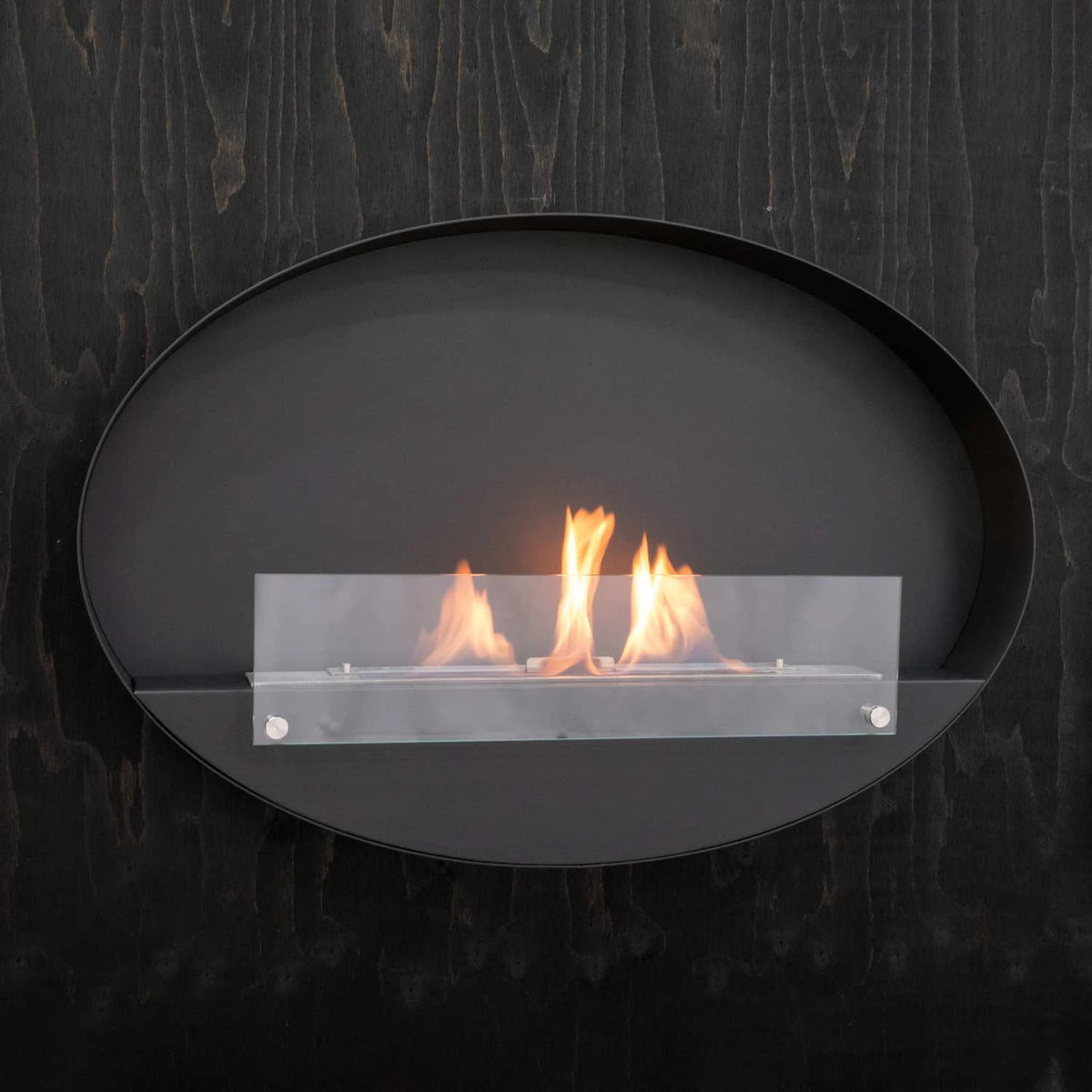 Maryland oval black bio fireplace mounted on a dark wood-textured wall, lit with a realistic flame