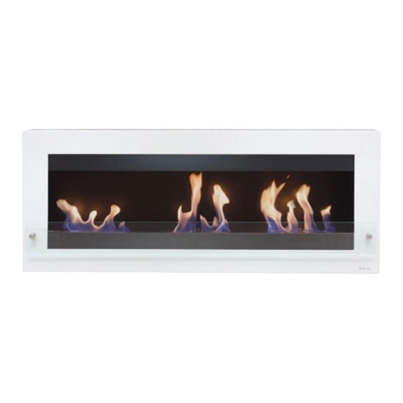 XL wall-mounted white bioethanol fireplace with three lit ethanol flames, front-facing studio view on white background