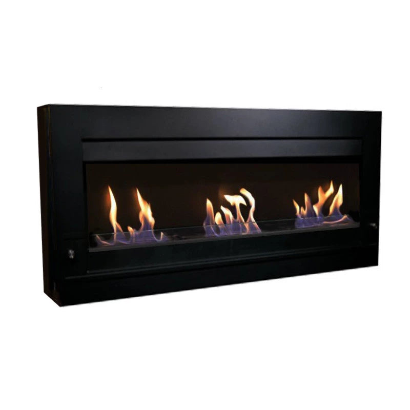 XL wall-mounted black bioethanol fireplace with three lit ethanol flames, studio photo on white background