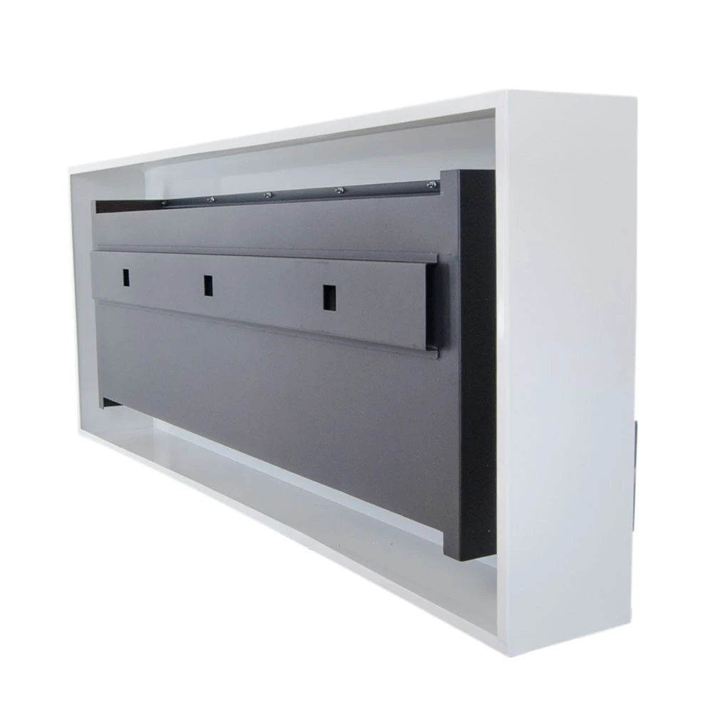 Interior mounting view of the XL white wall-mounted bioethanol fireplace showing the burner tray mechanism, unlit