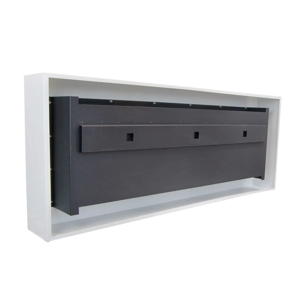 Rear interior view of the XL white wall-mounted bioethanol fireplace showing the burner tray mechanism, unlit