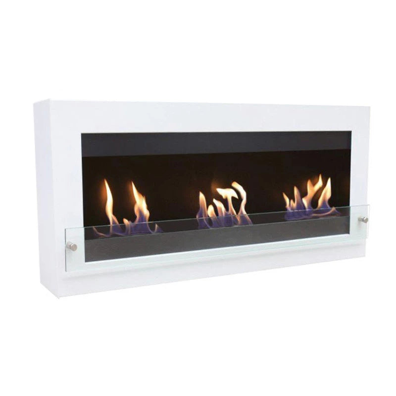 XL wall-mounted white bioethanol fireplace with three lit ethanol flames, studio photo on white background