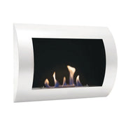 Ocean bioethanol wall-mounted fireplace in white with a lit ethanol flame, angled studio photo on white background