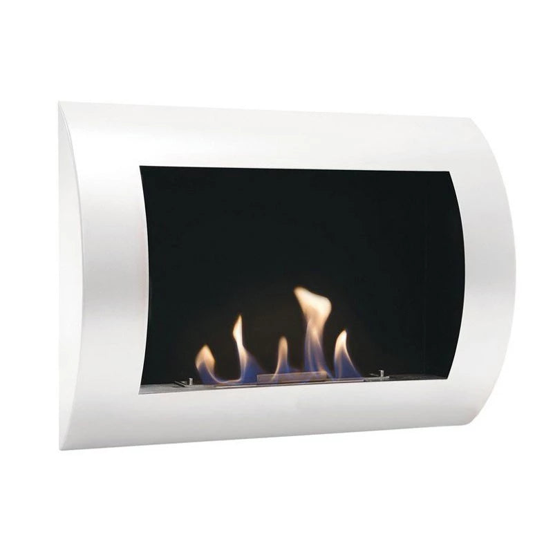 Ocean bioethanol wall-mounted fireplace in white with a lit ethanol flame, angled studio photo on white background