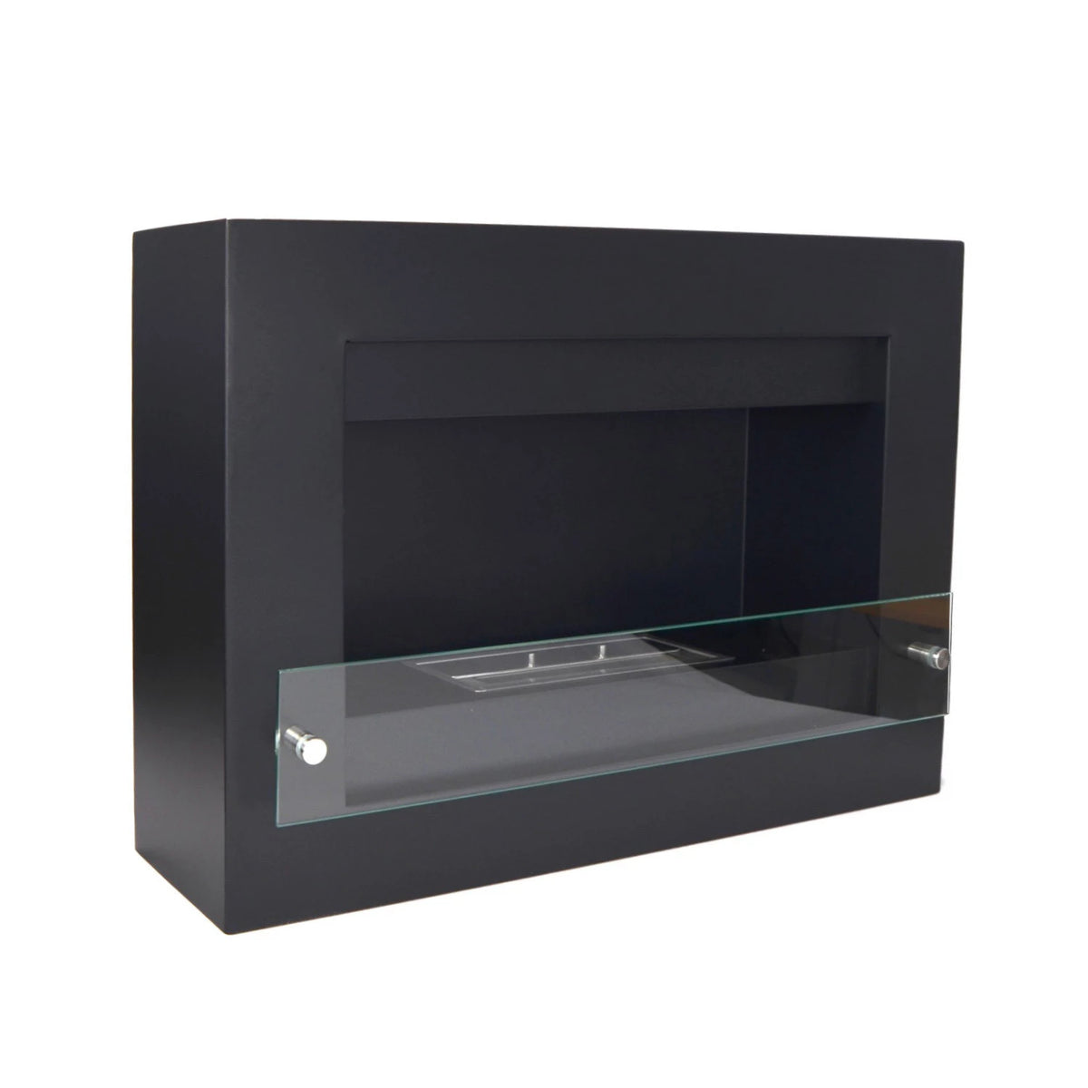 Black wall-mounted bioethanol fireplace, unlit, angled studio view