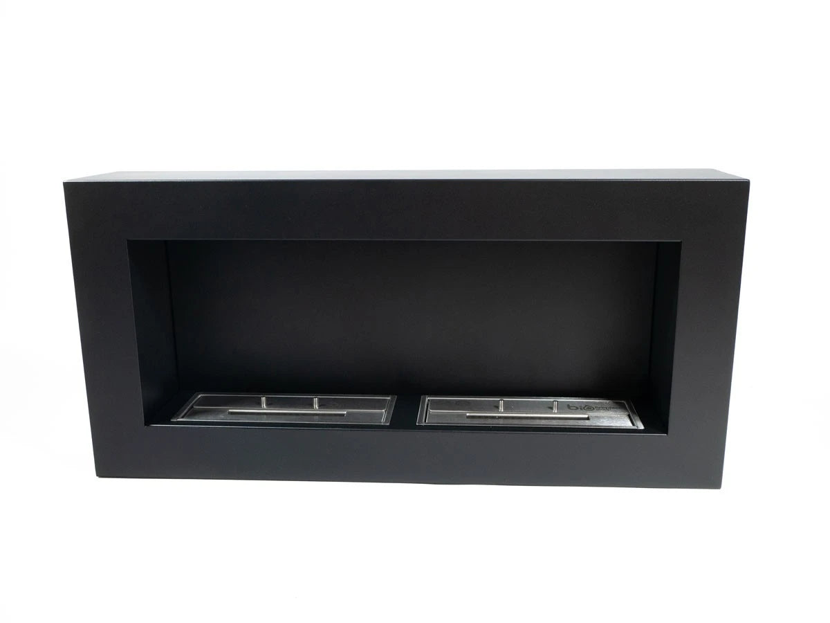 Large black wall-mounted bioethanol fireplace, unlit, front view on white background