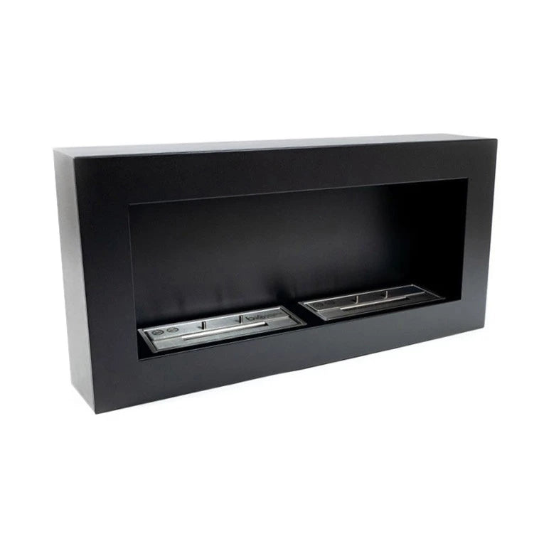 Large black wall-mounted bioethanol fireplace, unlit, angled view on white background