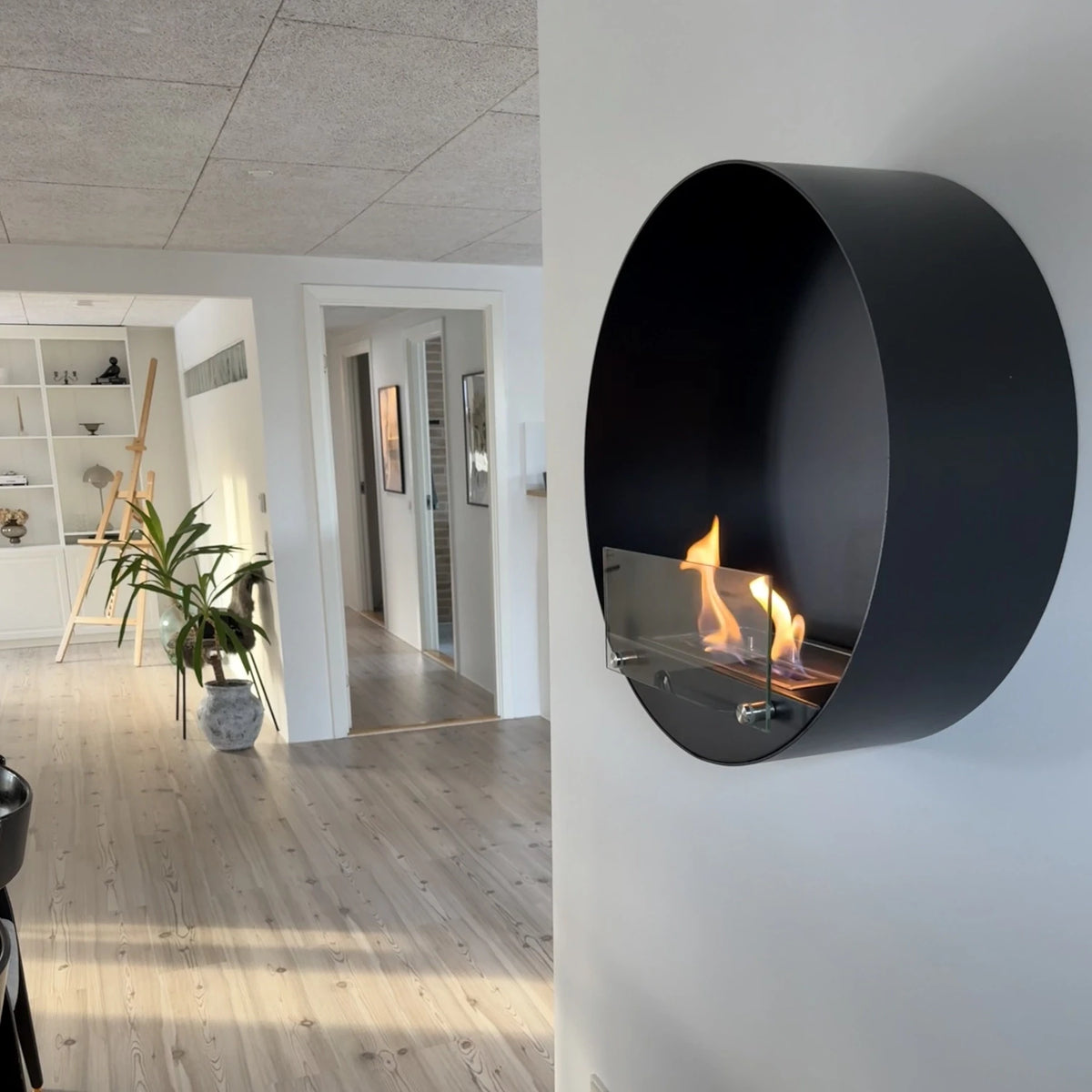 Delaware black round bio fireplace mounted in a hallway with plants and shelving
