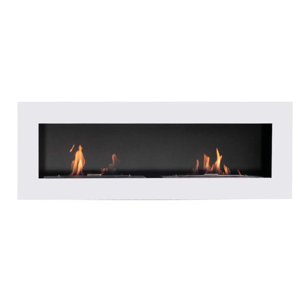 Murus 1600 glossy white bio fireplace, front view on white background, lit with a realistic flame