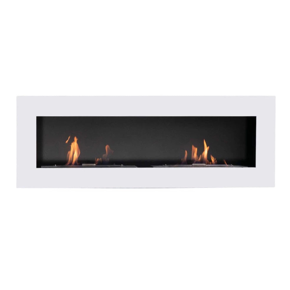 Murus 1600 glossy white bio fireplace, front view on white background, lit with a realistic flame