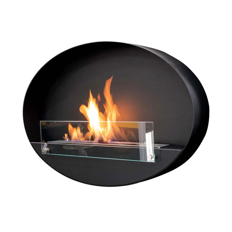 Maryland oval black bio fireplace, opposite angled view on white background, lit with a realistic flame