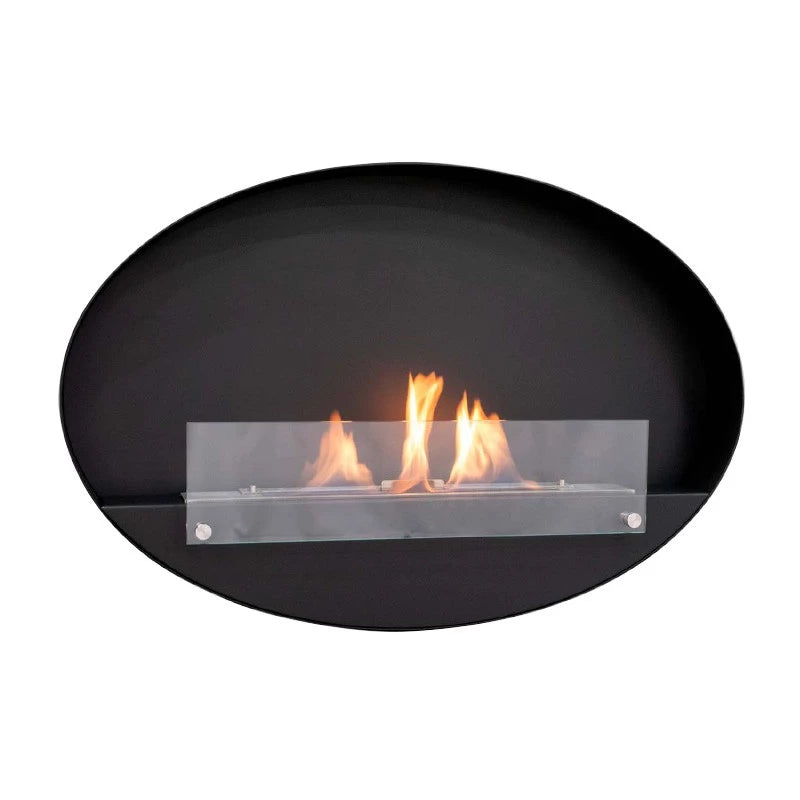 Maryland oval black bio fireplace, front view on white background, lit with a realistic flame