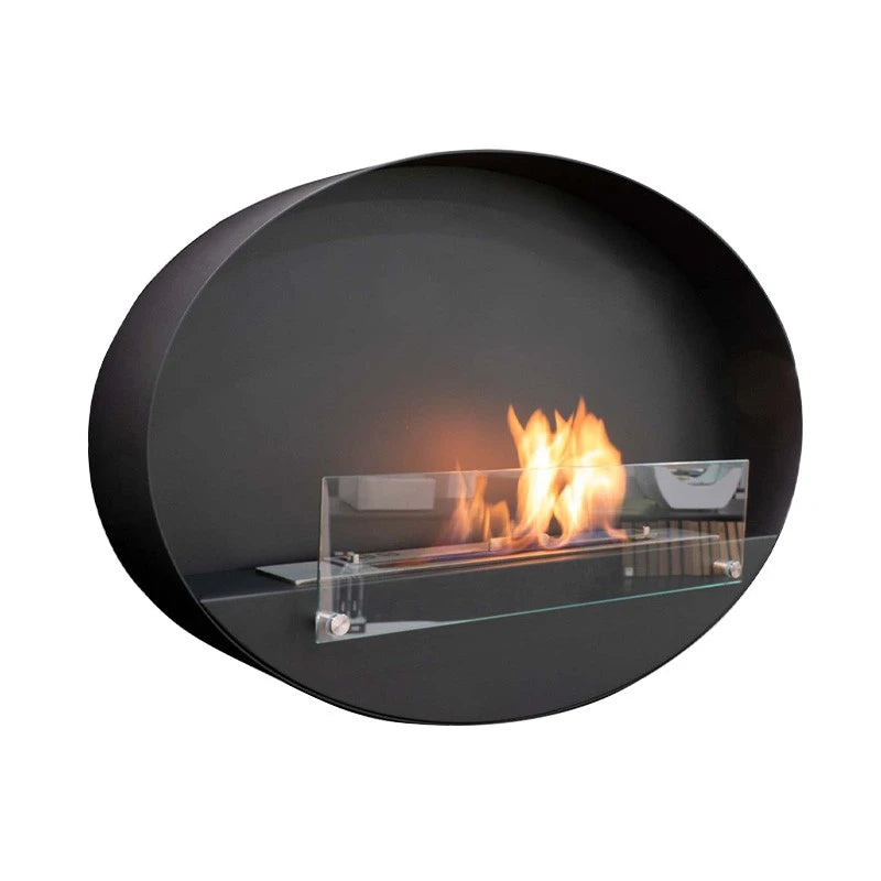 Maryland oval black bio fireplace, angled view on white background, lit with a realistic flame
