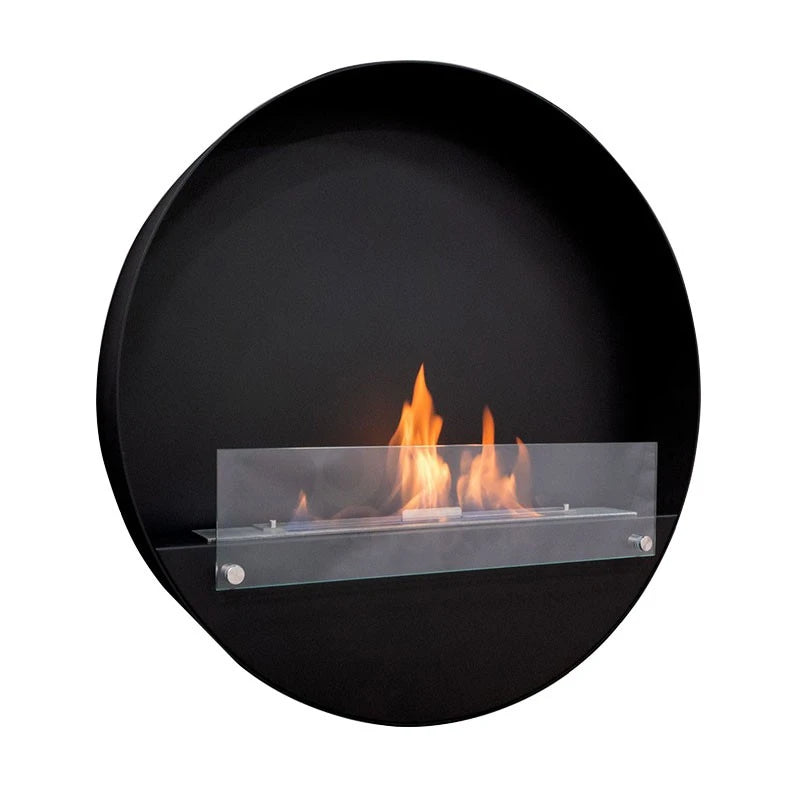 Delaware XL black round bio fireplace, slight angled view on white background, lit with a realistic flame