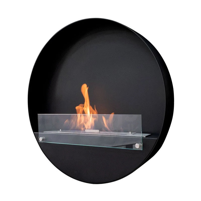 Delaware XL black round bio fireplace, opposite angled view on white background, lit with a realistic flame