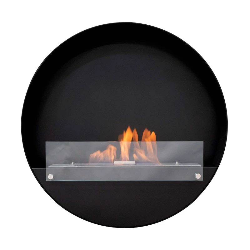 Delaware XL black round bio fireplace, angled view on white background, lit with a realistic flame