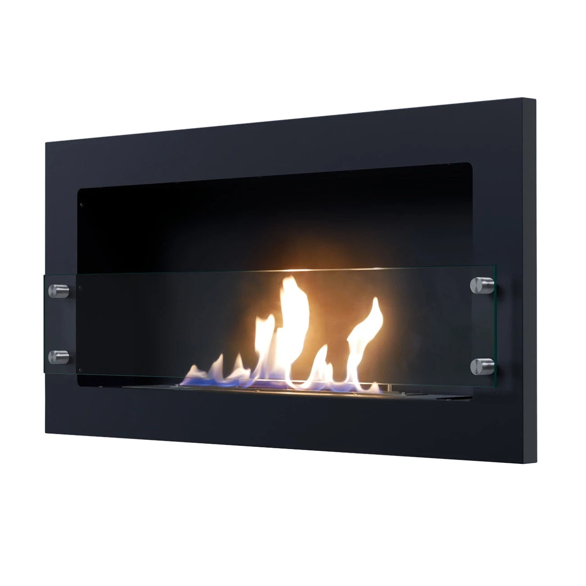Texas black wall-mounted bioethanol fireplace, opposite angled view on white background with a lit realistic flame