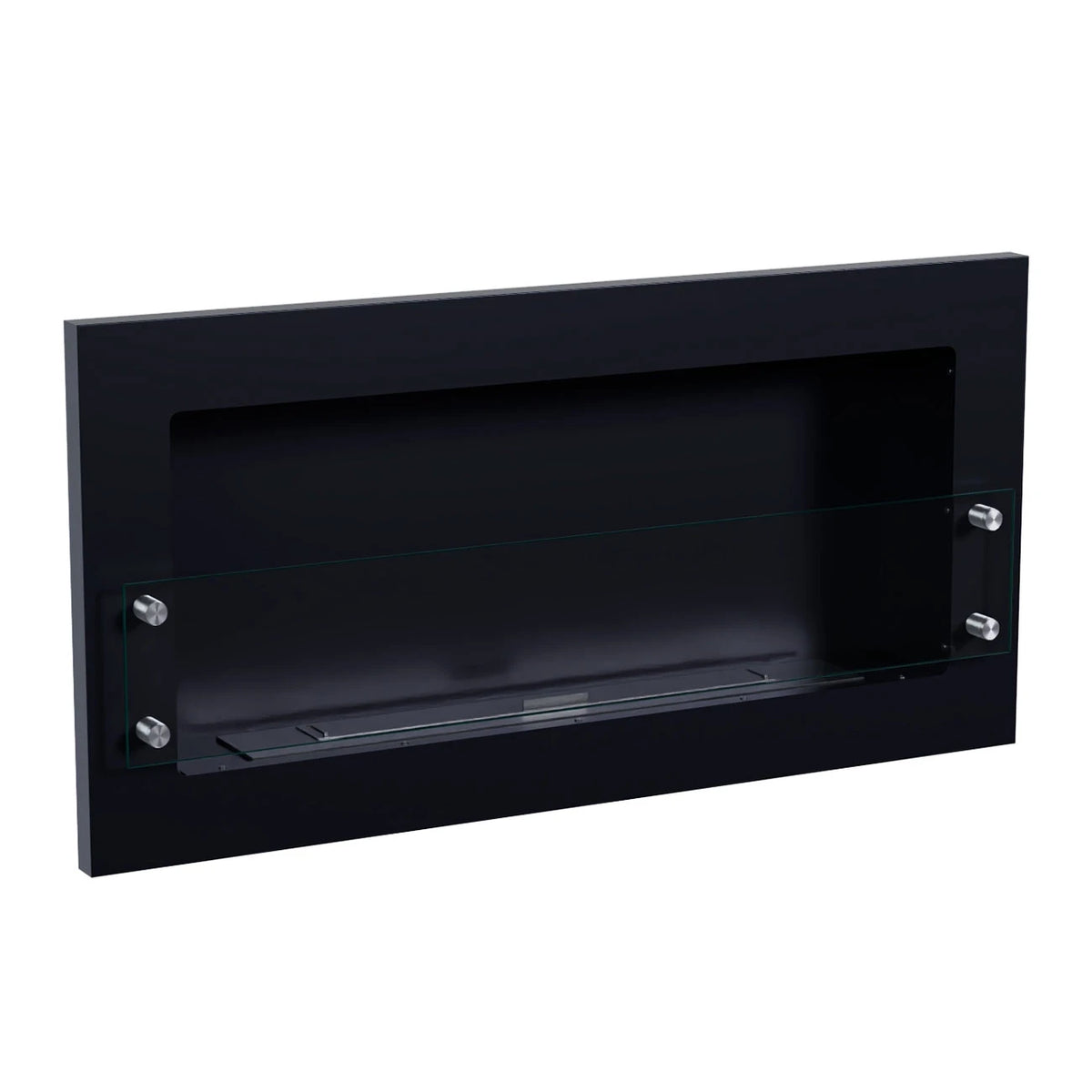 Texas black wall-mounted bioethanol fireplace, angled view on white background, unlit