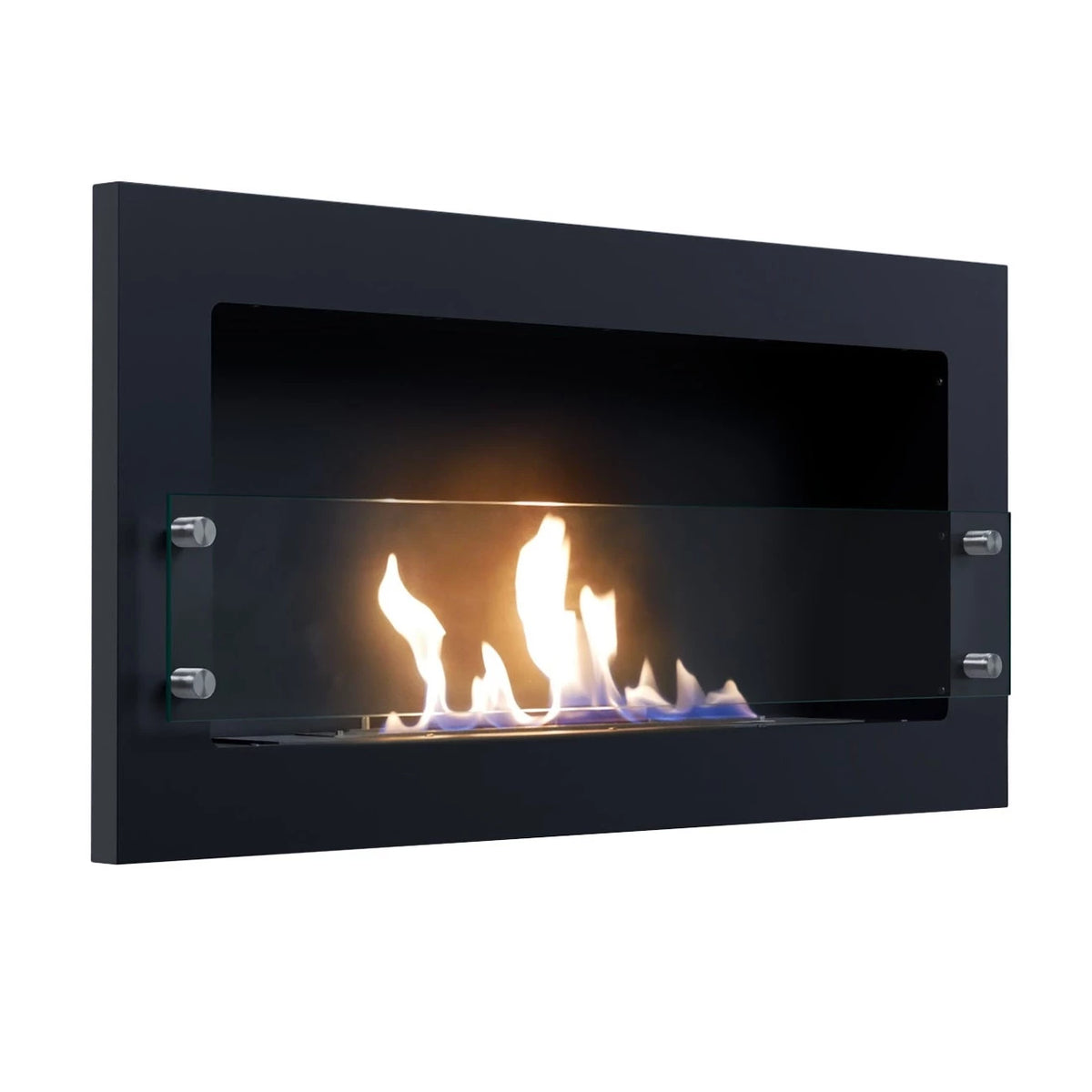 Texas black wall-mounted bioethanol fireplace, angled view on white background with a lit realistic flame