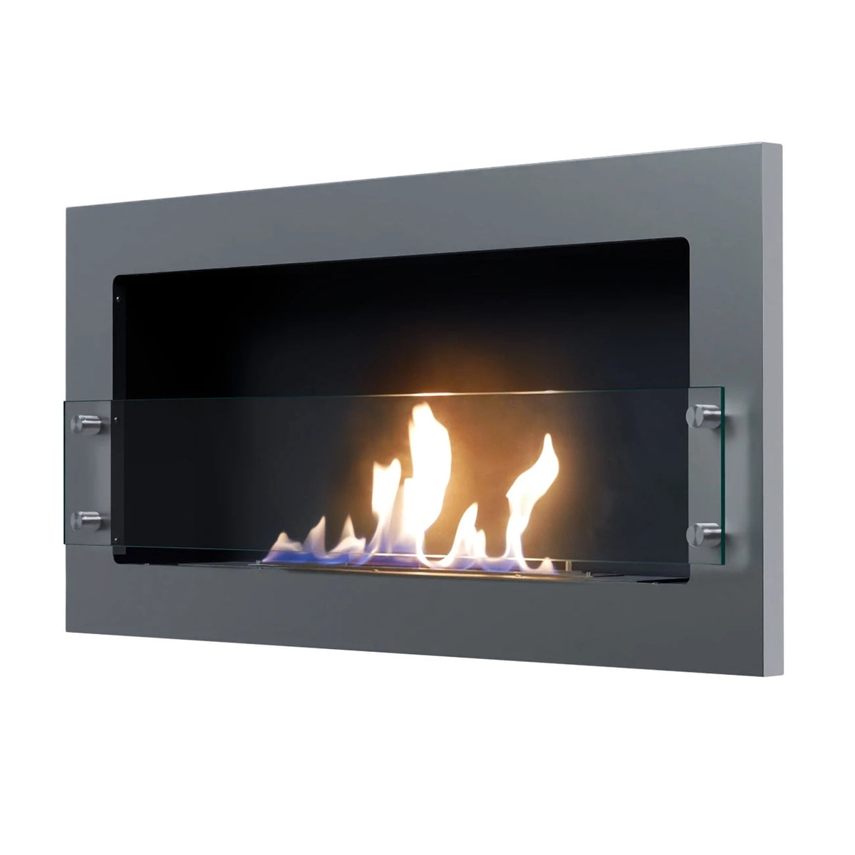 Texas steel-grey wall-mounted bioethanol fireplace, opposite angled view on white background with a lit realistic flame